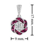 Rose Petal Flower Diamond with French Cut Ruby Art Deco Style White Gold Pendant