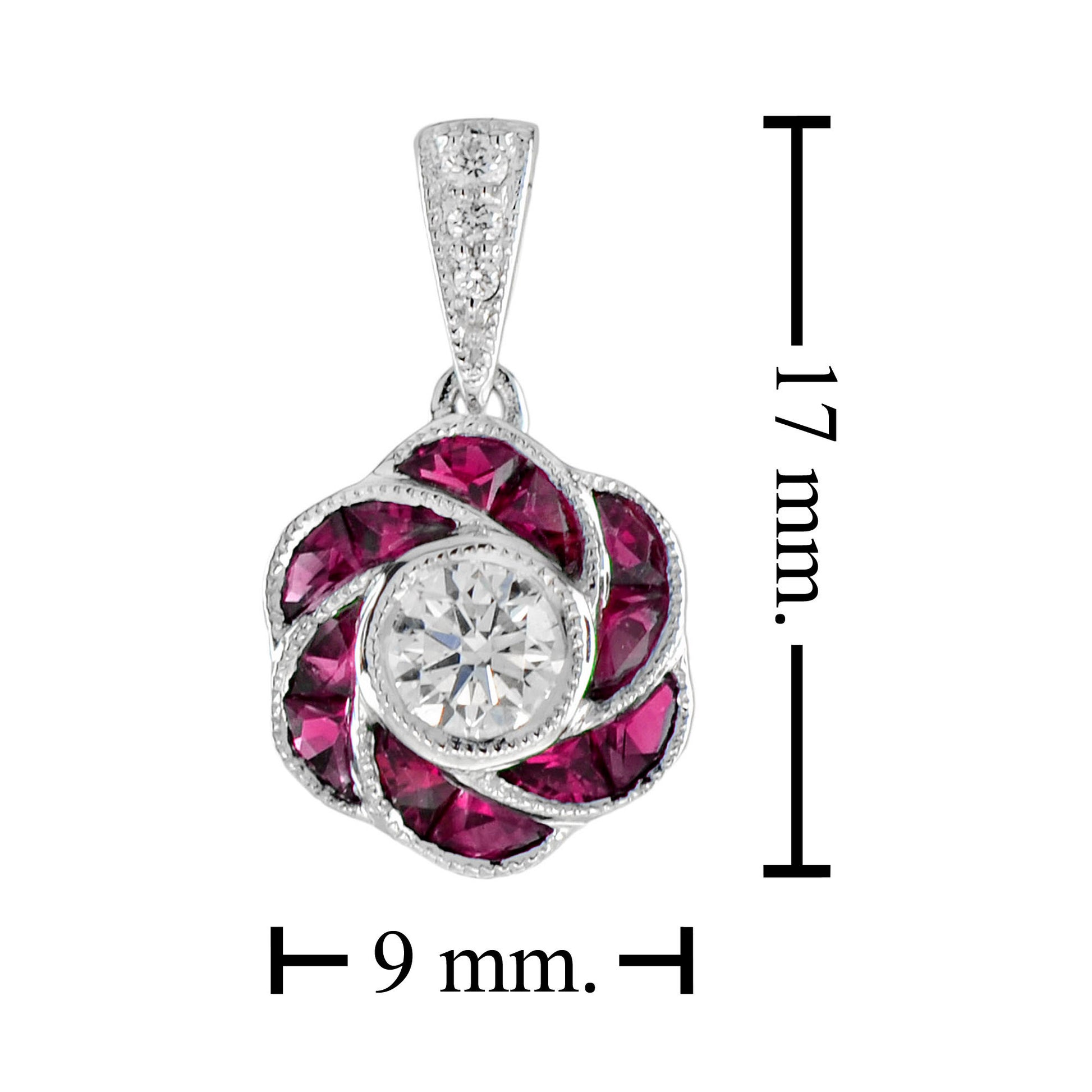 Rose Petal Flower Diamond with French Cut Ruby Art Deco Style White Gold Pendant