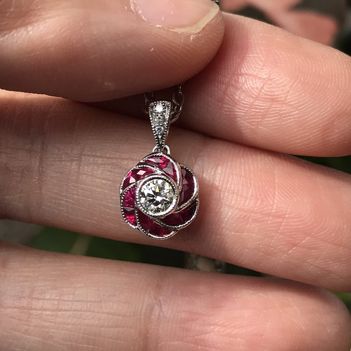 rose petal flower diamond with french cut ruby art deco style white gold pendant