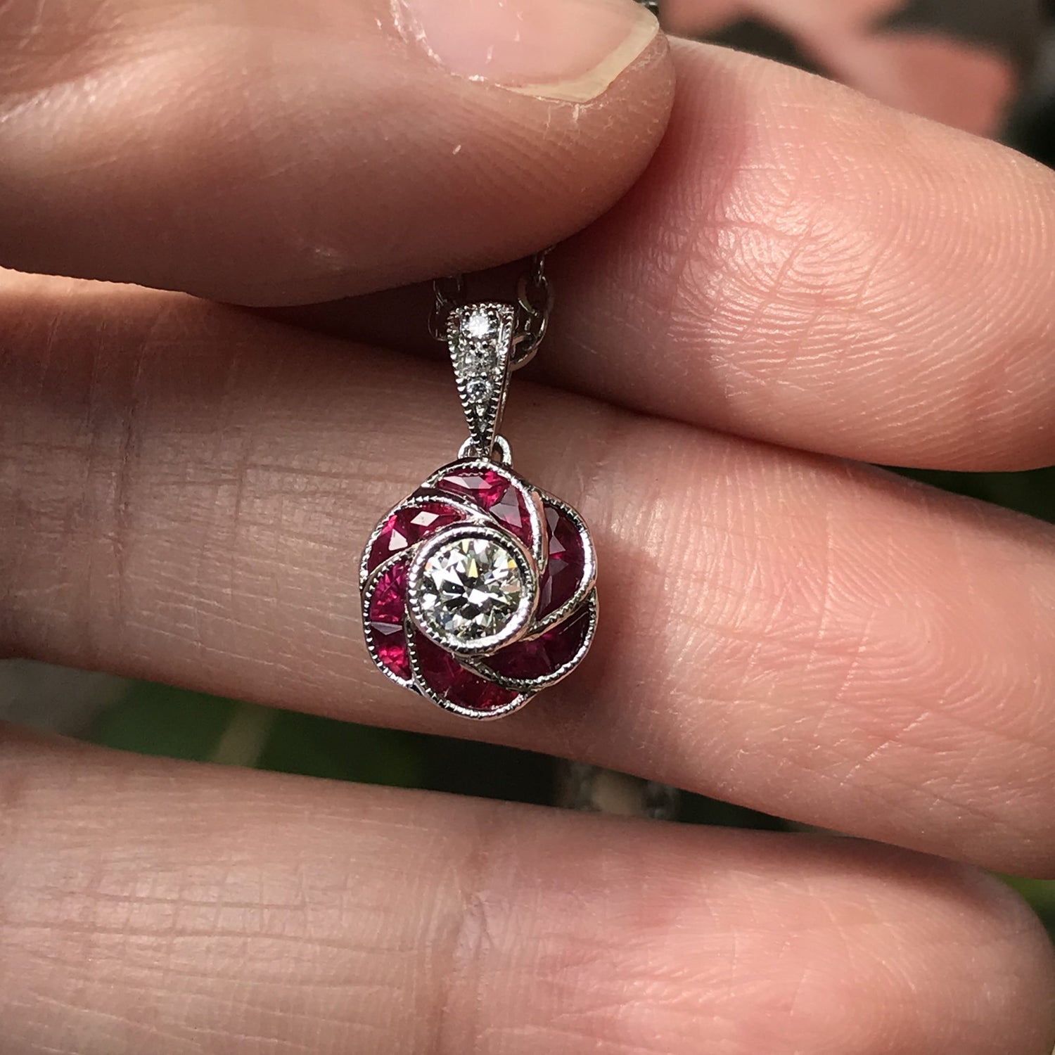 Rose Petal Flower Diamond with French Cut Ruby Art Deco Style White Gold Pendant
