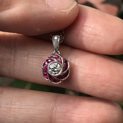 Rose Petal Flower Diamond with French Cut Ruby Art Deco Style White Gold Pendant