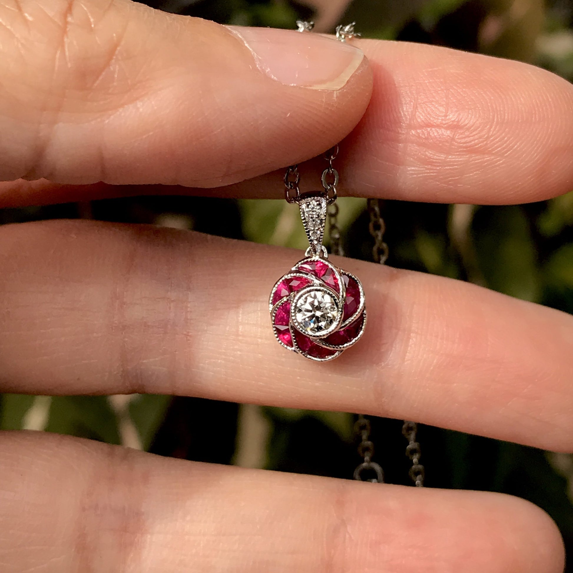 Rose Petal Flower Diamond with French Cut Ruby Art Deco Style White Gold Pendant