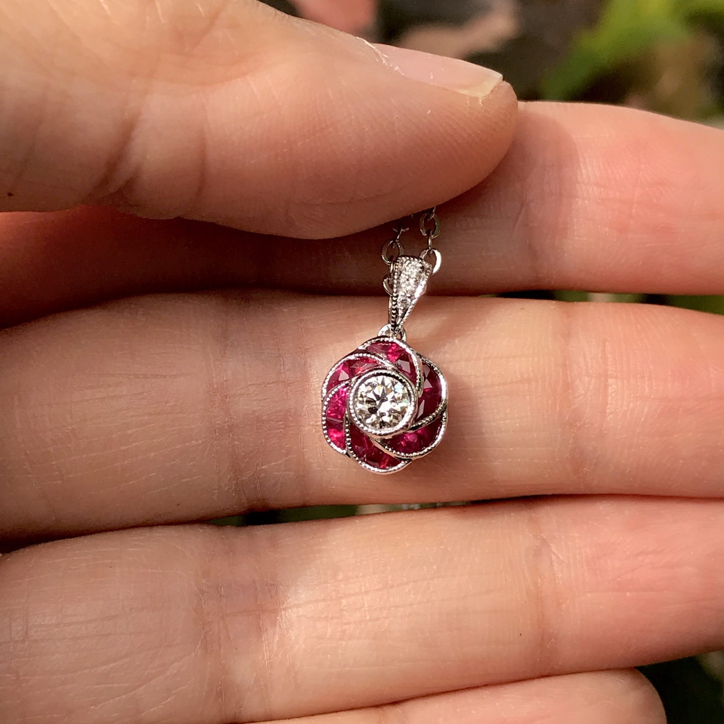 rose petal flower diamond with french cut ruby art deco style white gold pendant