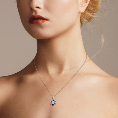 Rose Floral Flower Petal Round Diamond &amp; French Cut Blue Sapphire W Gold Pendant