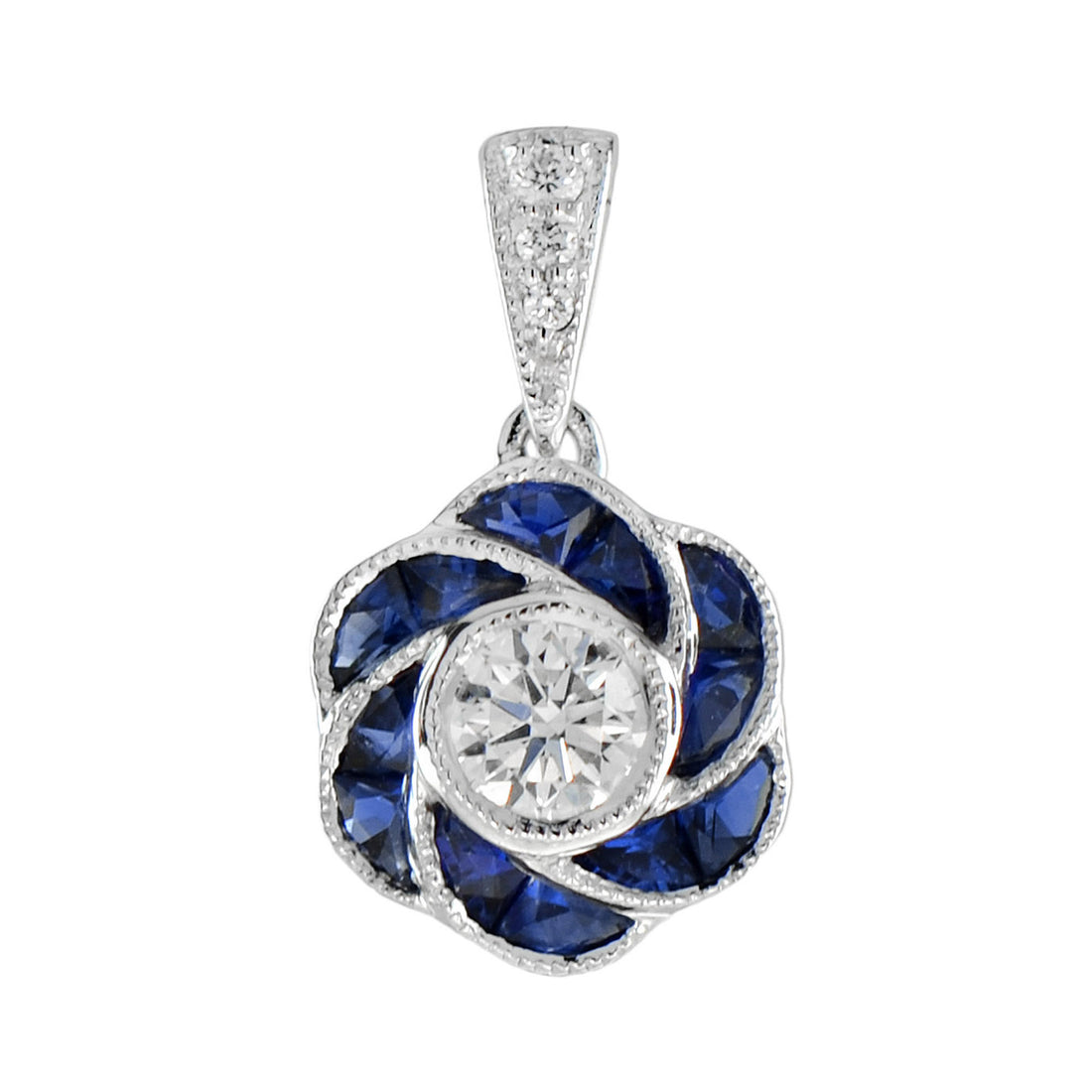 Rose Floral Flower Petal Round Diamond & French Cut Blue Sapphire W Gold Pendant