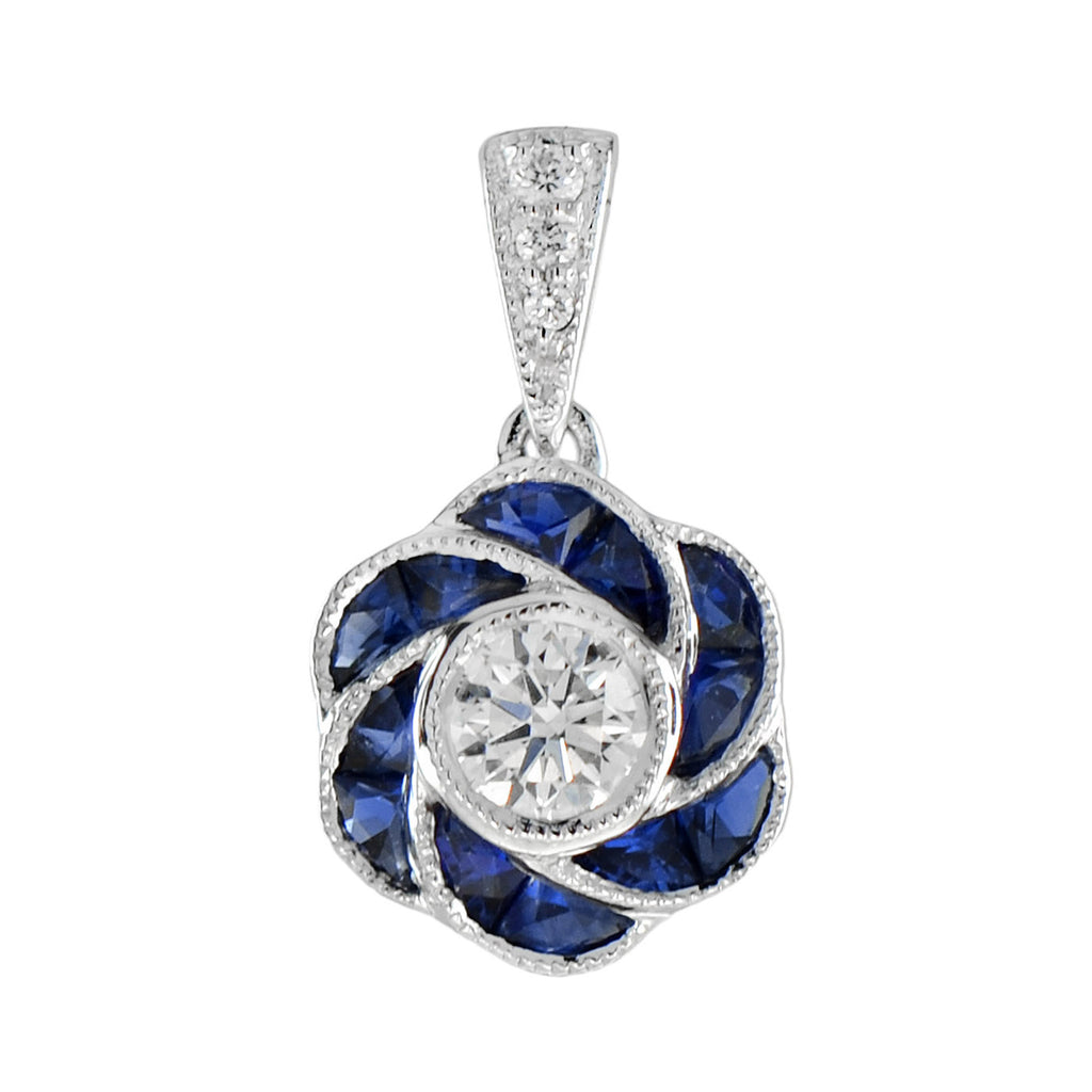 Rose Floral Flower Petal Round Diamond & French Cut Blue Sapphire W Gold Pendant
