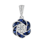 Rose Floral Flower Petal Round Diamond & French Cut Blue Sapphire W Gold Pendant