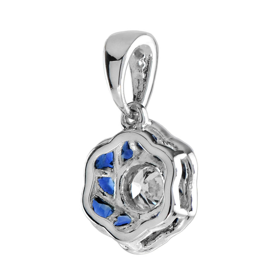 Rose Floral Flower Petal Round Diamond &amp; French Cut Blue Sapphire W Gold Pendant