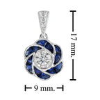 Rose Floral Flower Petal Round Diamond & French Cut Blue Sapphire W Gold Pendant