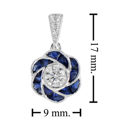 Rose Floral Flower Petal Round Diamond &amp; French Cut Blue Sapphire W Gold Pendant