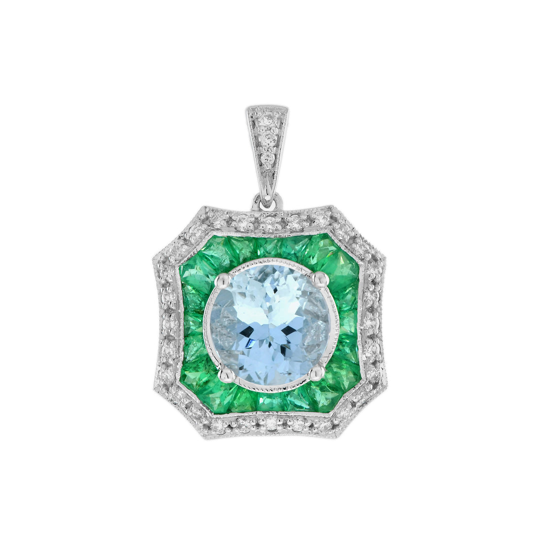 Round Brilliant Cut Blue Aquamarine Emerald Art Deco Style White Gold Pendant