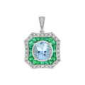 Round Brilliant Cut Blue Aquamarine Emerald Art Deco Style White Gold Pendant
