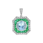 Round Brilliant Cut Blue Aquamarine Emerald Art Deco Style White Gold Pendant