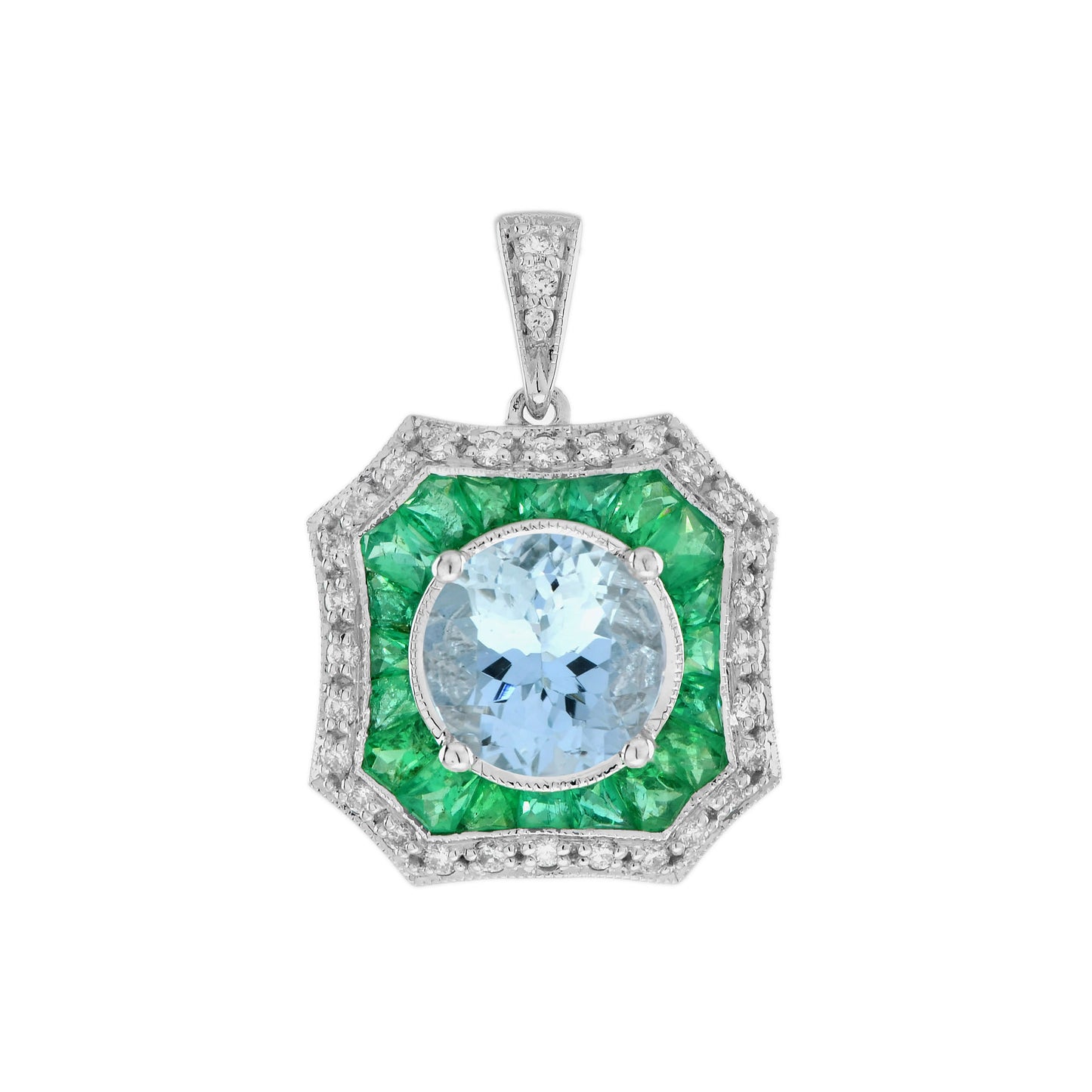 round brilliant cut blue aquamarine emerald art deco style white gold pendant
