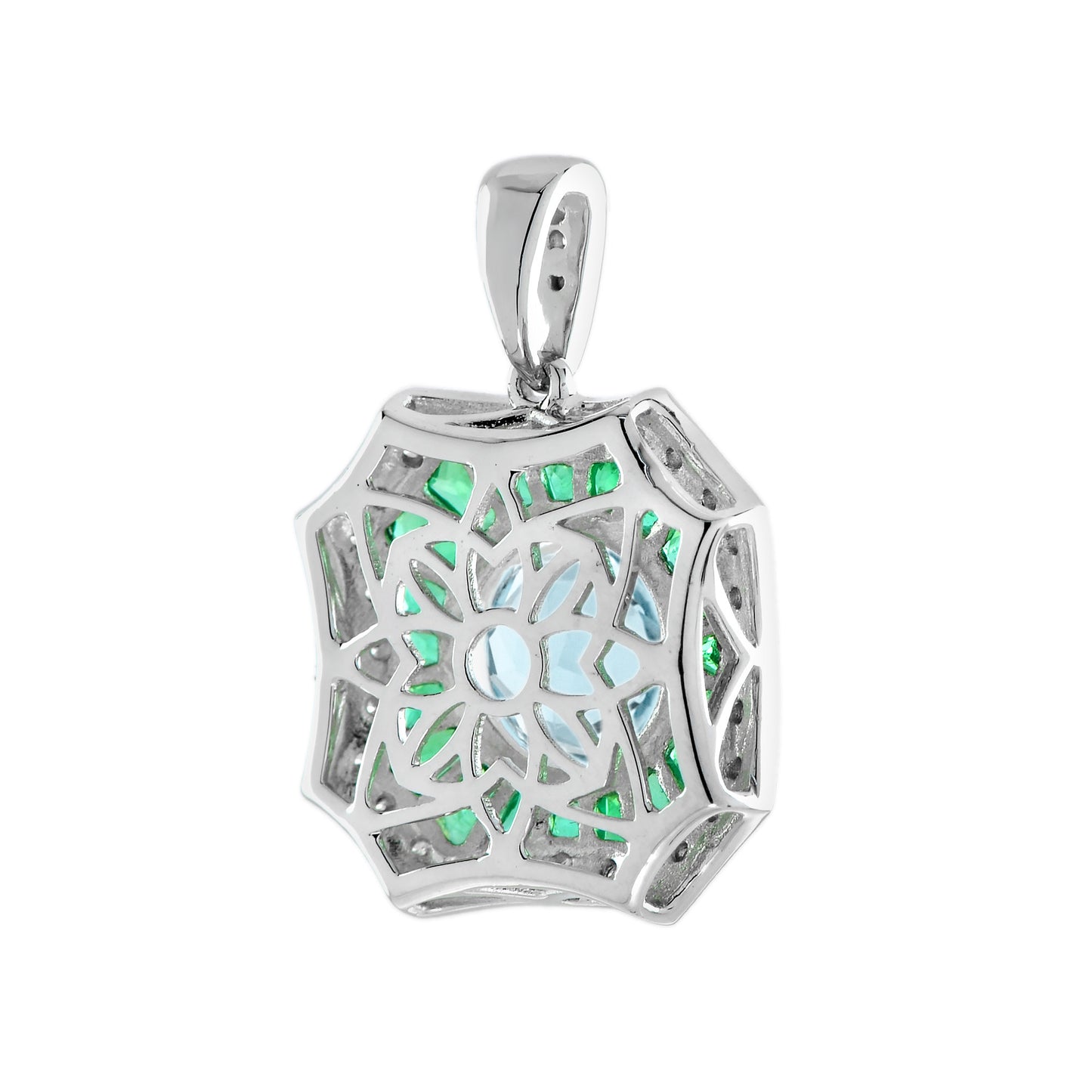 round brilliant cut blue aquamarine emerald art deco style white gold pendant