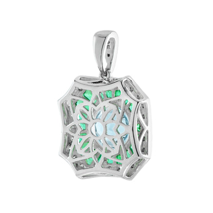 Round Brilliant Cut Blue Aquamarine Emerald Art Deco Style White Gold Pendant