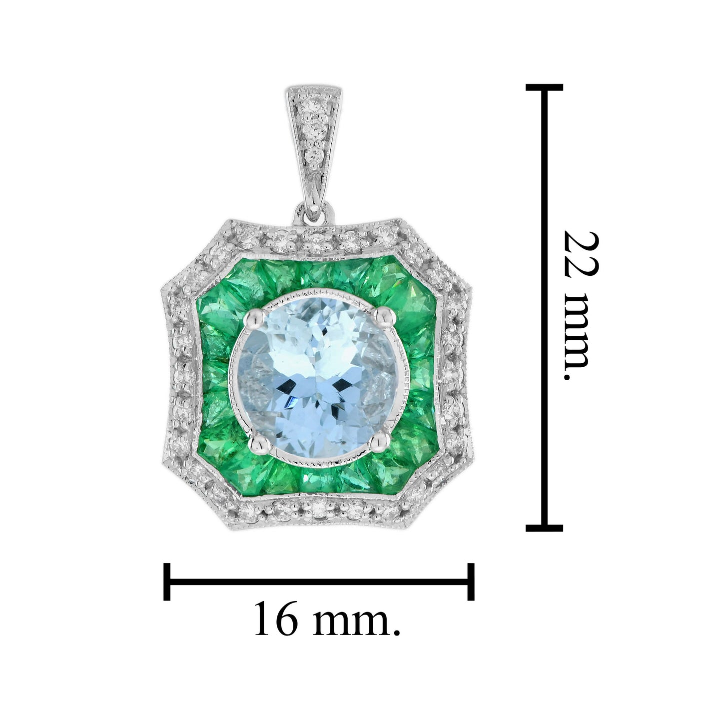 round brilliant cut blue aquamarine emerald art deco style white gold pendant
