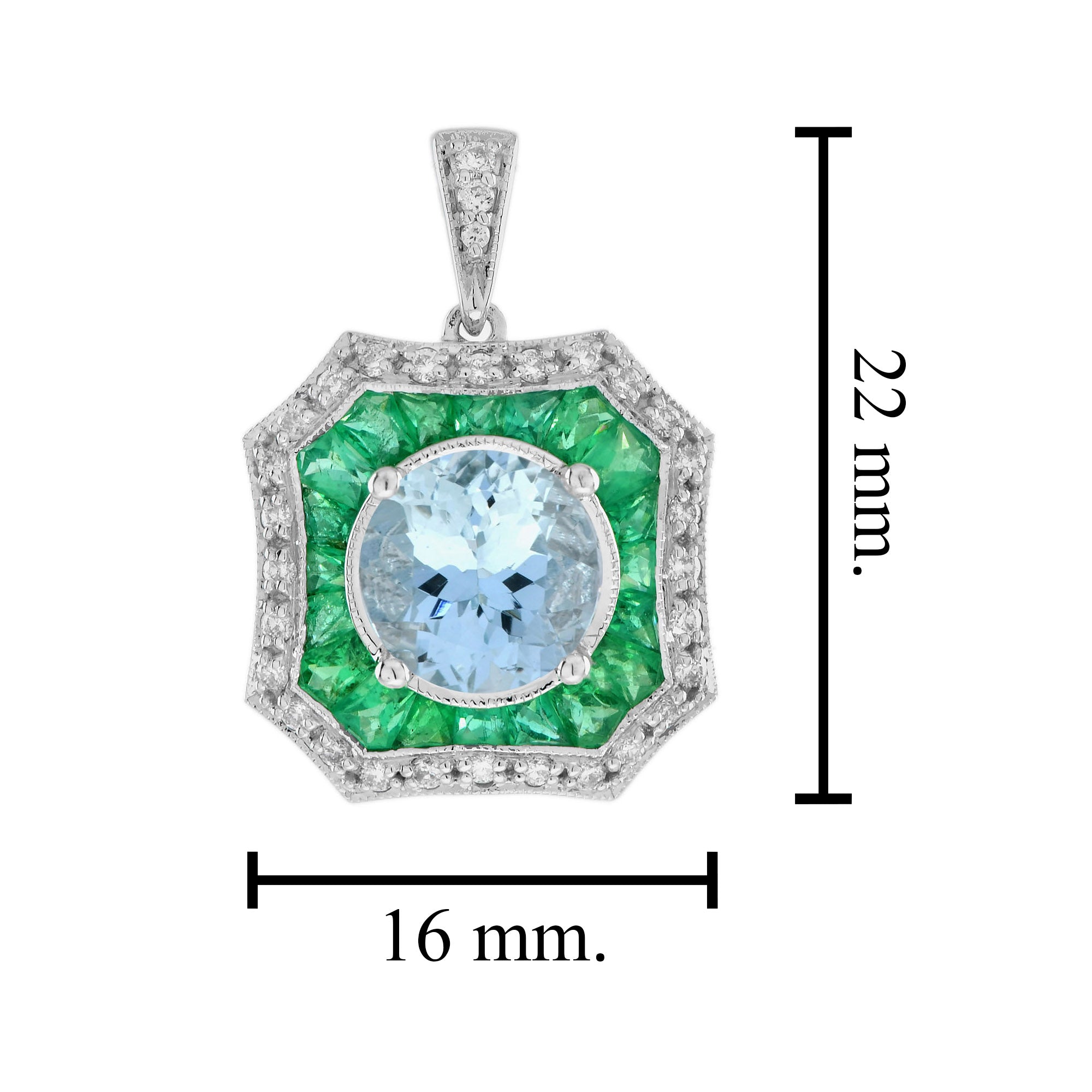 Round Brilliant Cut Blue Aquamarine Emerald Art Deco Style White Gold Pendant