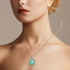 Round Brilliant Cut Blue Aquamarine Emerald Art Deco Style White Gold Pendant