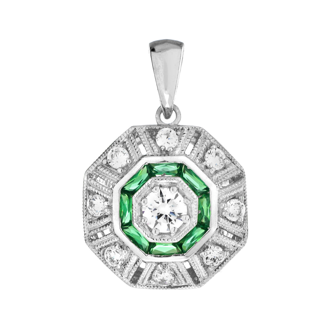 Diamond & Emerald Art Deco Style Octagon Shaped 14K White Gold Pendant