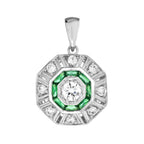 Diamond & Emerald Art Deco Style Octagon Shaped 14K White Gold Pendant