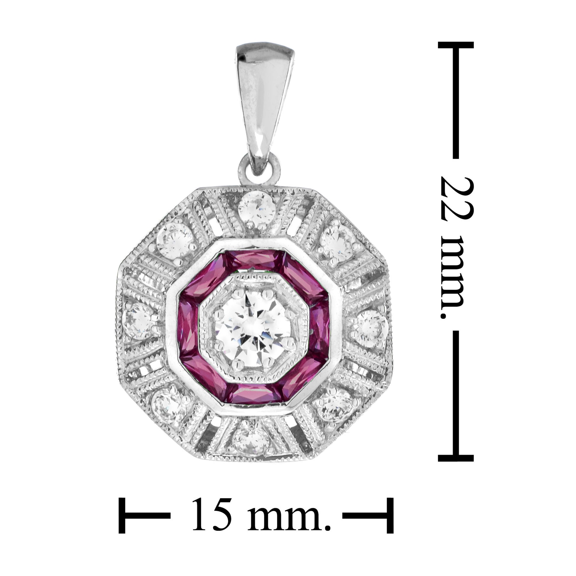 Diamond & Red Pink Ruby Art Deco Inspired Style Octagon 14K White Gold Pendant