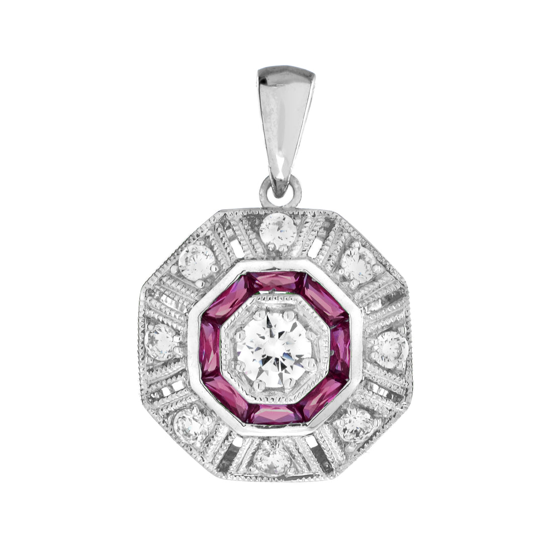 Diamond & Red Pink Ruby Art Deco Inspired Style Octagon 14K White Gold Pendant