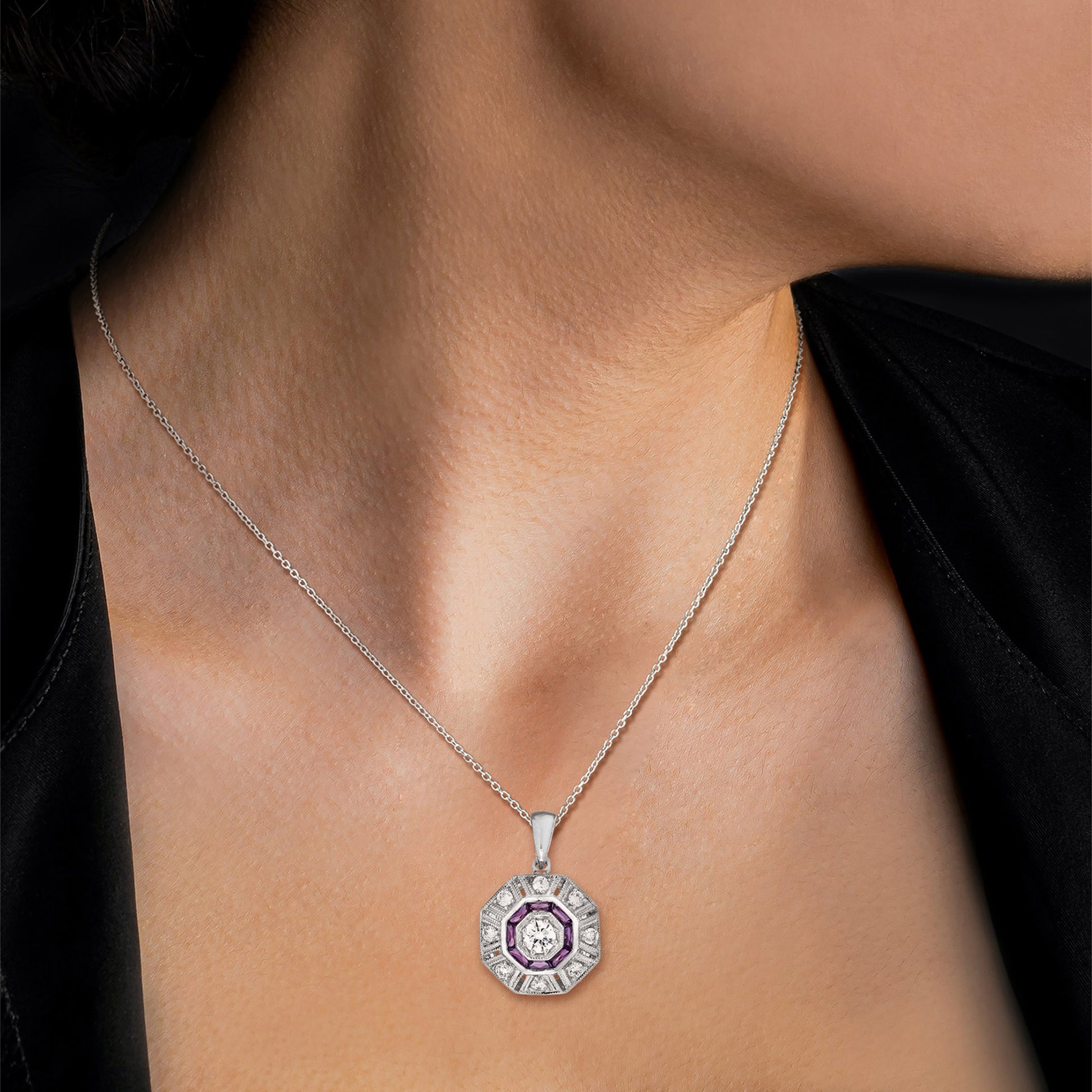 Diamond & Red Pink Ruby Art Deco Inspired Style Octagon 14K White Gold Pendant