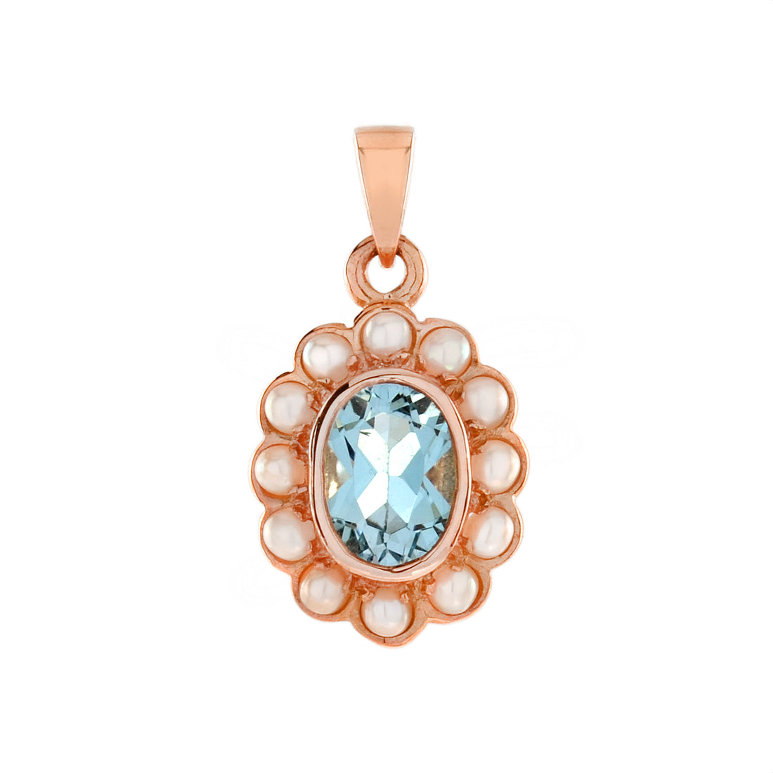 Oval Cut Blue Topaz with Pearl Halo Set Vintage Style 14K Rose Gold Pendant