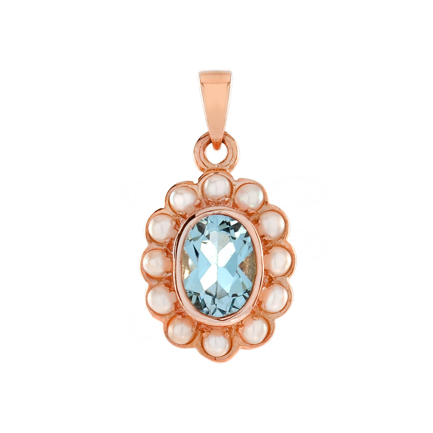 oval cut blue topaz with pearl halo set vintage style 14k rose gold pendant