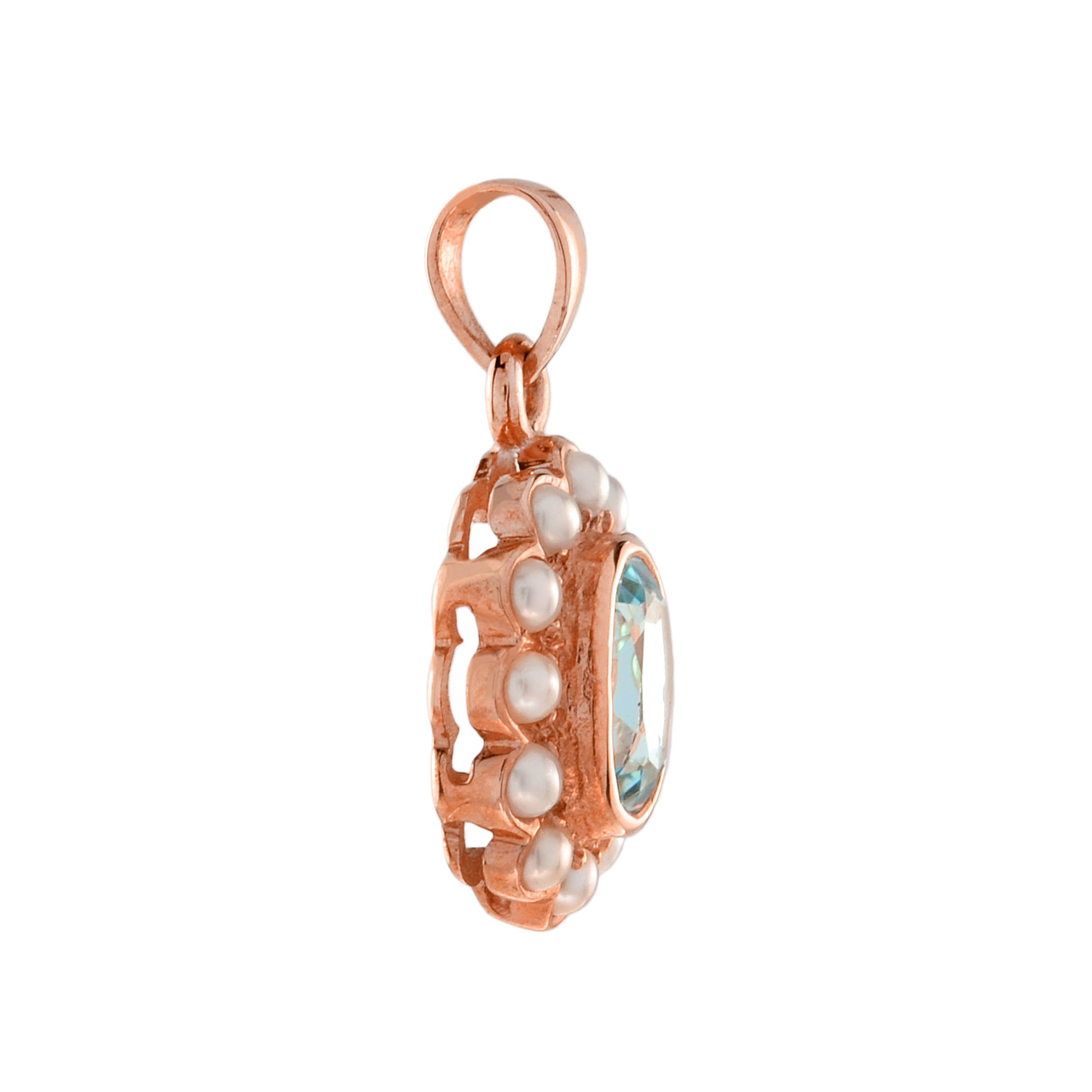 Oval Cut Blue Topaz with Pearl Halo Set Vintage Style 14K Rose Gold Pendant