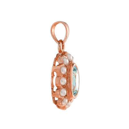Oval Cut Blue Topaz with Pearl Halo Set Vintage Style 14K Rose Gold Pendant