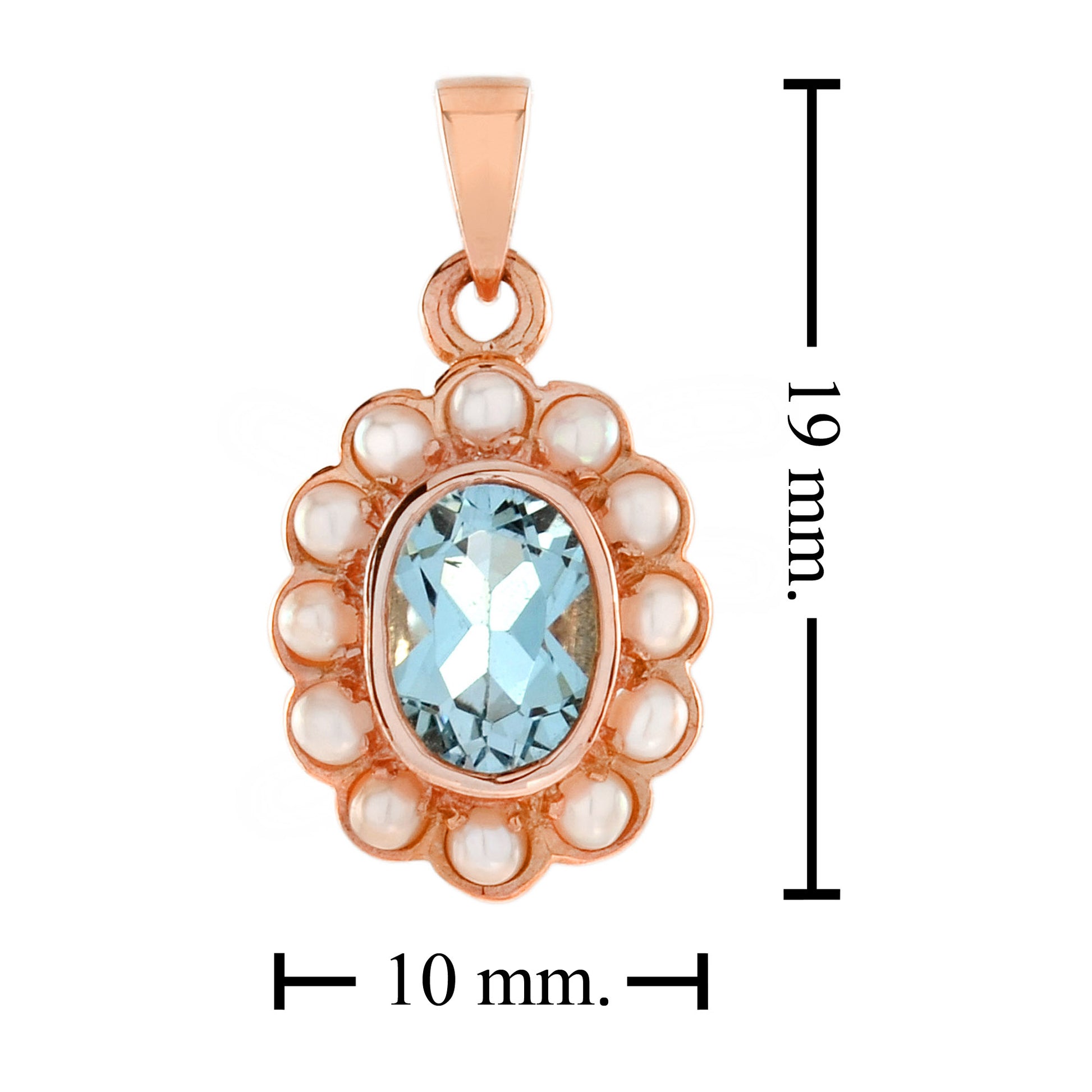 Oval Cut Blue Topaz with Pearl Halo Set Vintage Style 14K Rose Gold Pendant