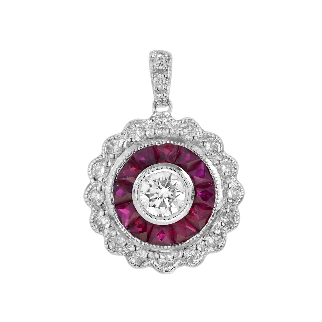 Diamond & Red Pink Ruby Art Deco Style Target 14K White Gold Pendant