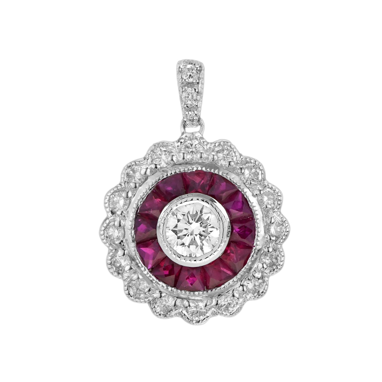 diamond & red pink ruby art deco style target 14k white gold pendant