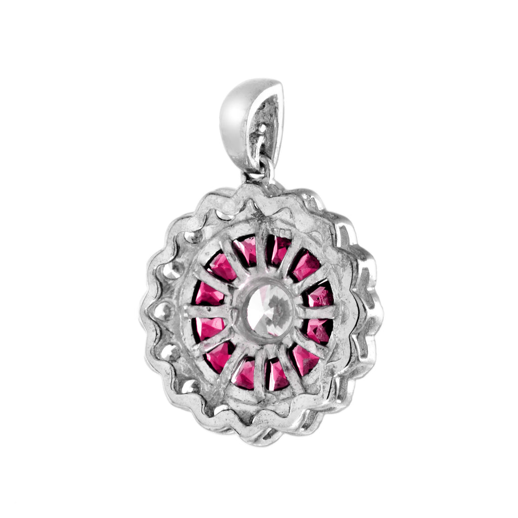 Diamond & Red Pink Ruby Art Deco Style Target 14K White Gold Pendant