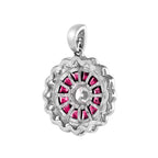 Diamond & Red Pink Ruby Art Deco Style Target 14K White Gold Pendant