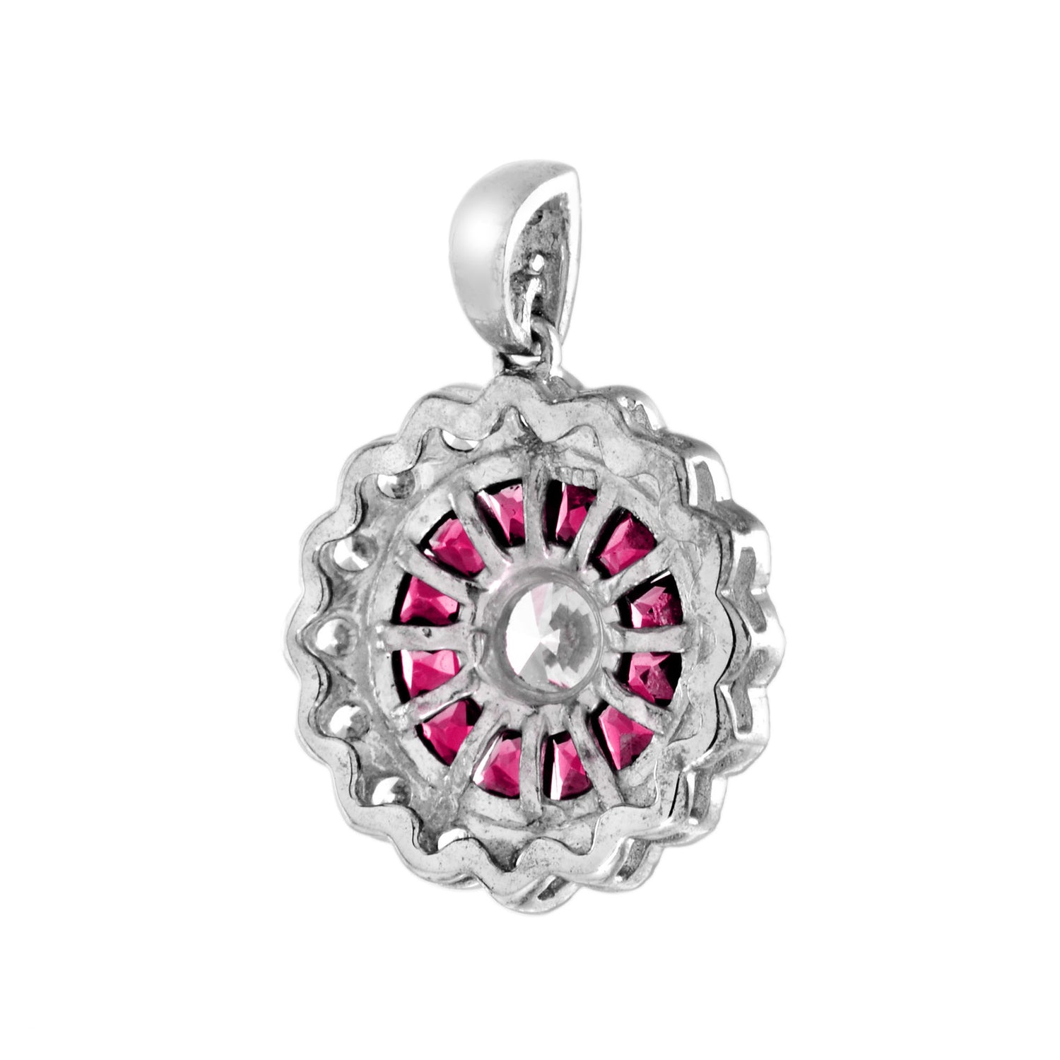 Diamond &amp; Red Pink Ruby Art Deco Style Target 14K White Gold Pendant