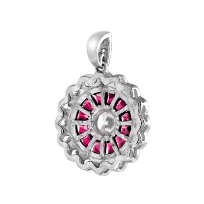 Diamond & Red Pink Ruby Art Deco Style Target 14K White Gold Pendant