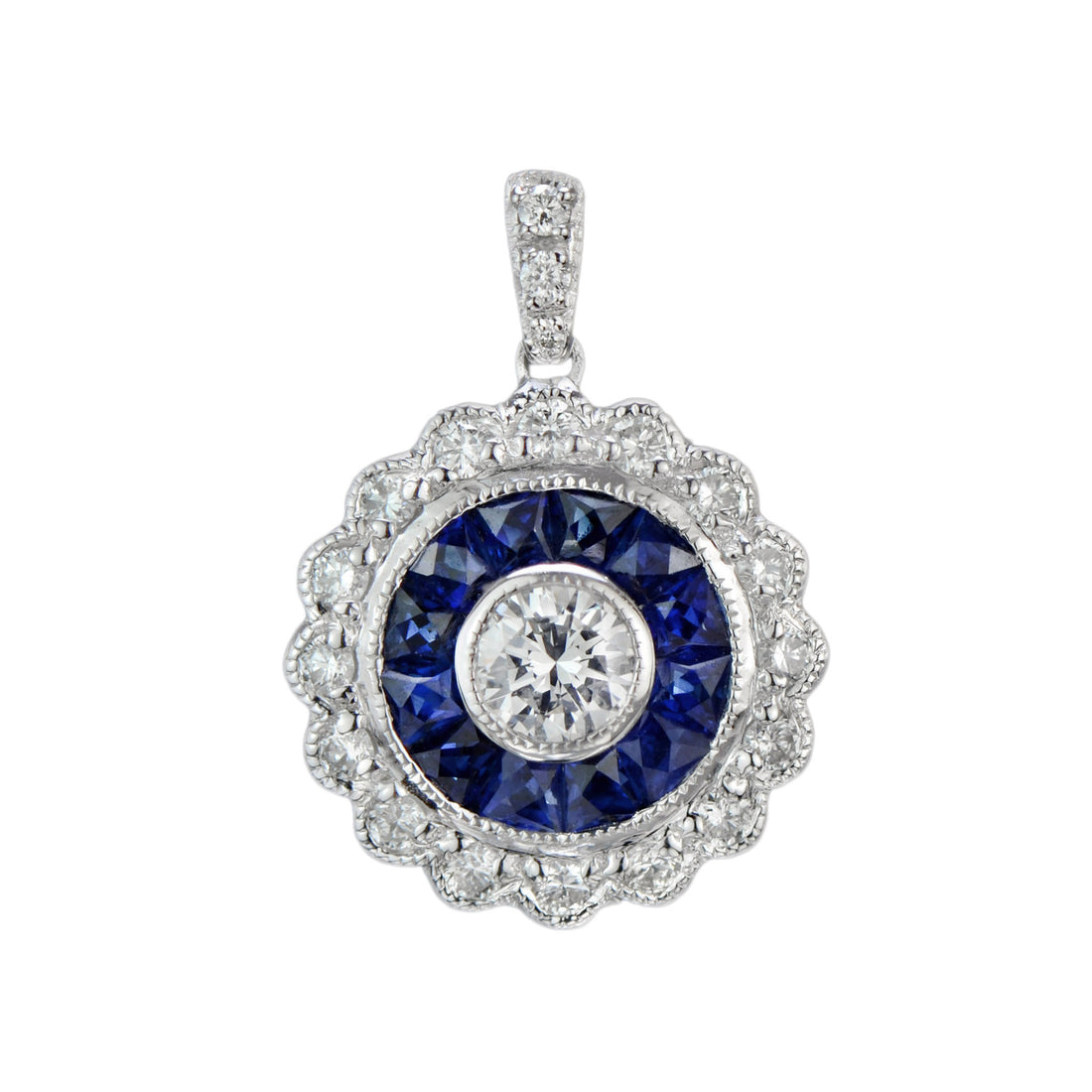 4mm Round Diamond & Blue Sapphire Vintage Inspired Halo 14K White Gold Pendant