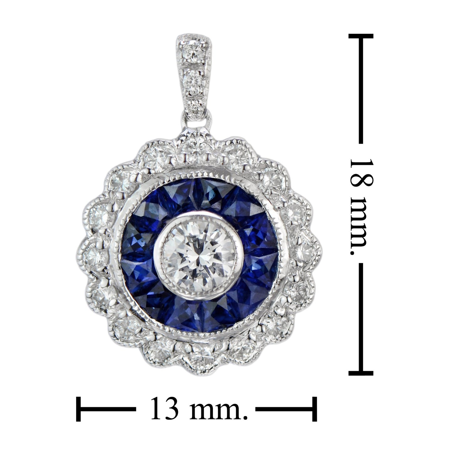 4mm round diamond & blue sapphire vintage inspired halo 14k white gold pendant