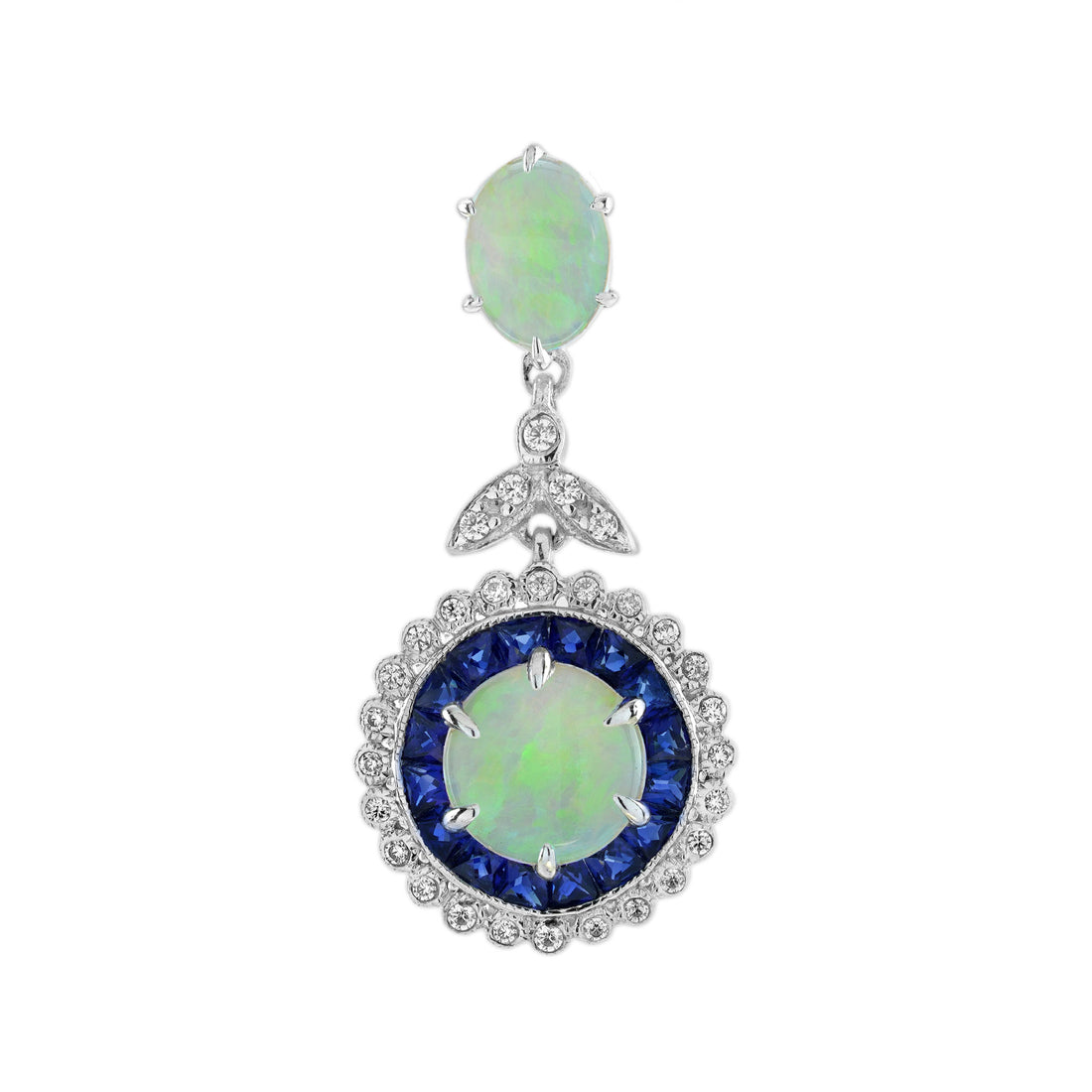 Opal &amp; Blue Sapphire Diamond Vintage Style Halo White Gold Pendant