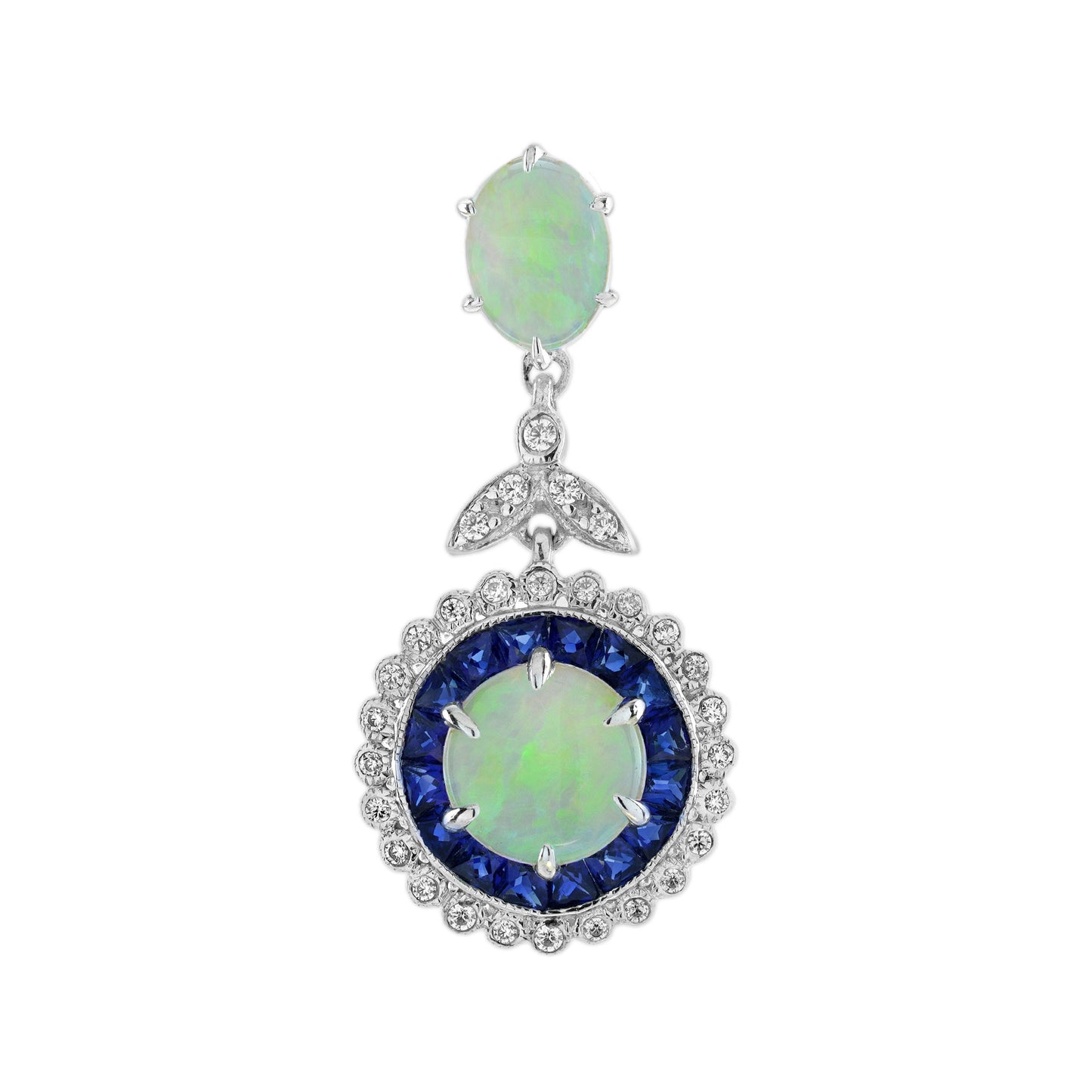 opal & blue sapphire diamond vintage style halo white gold pendant