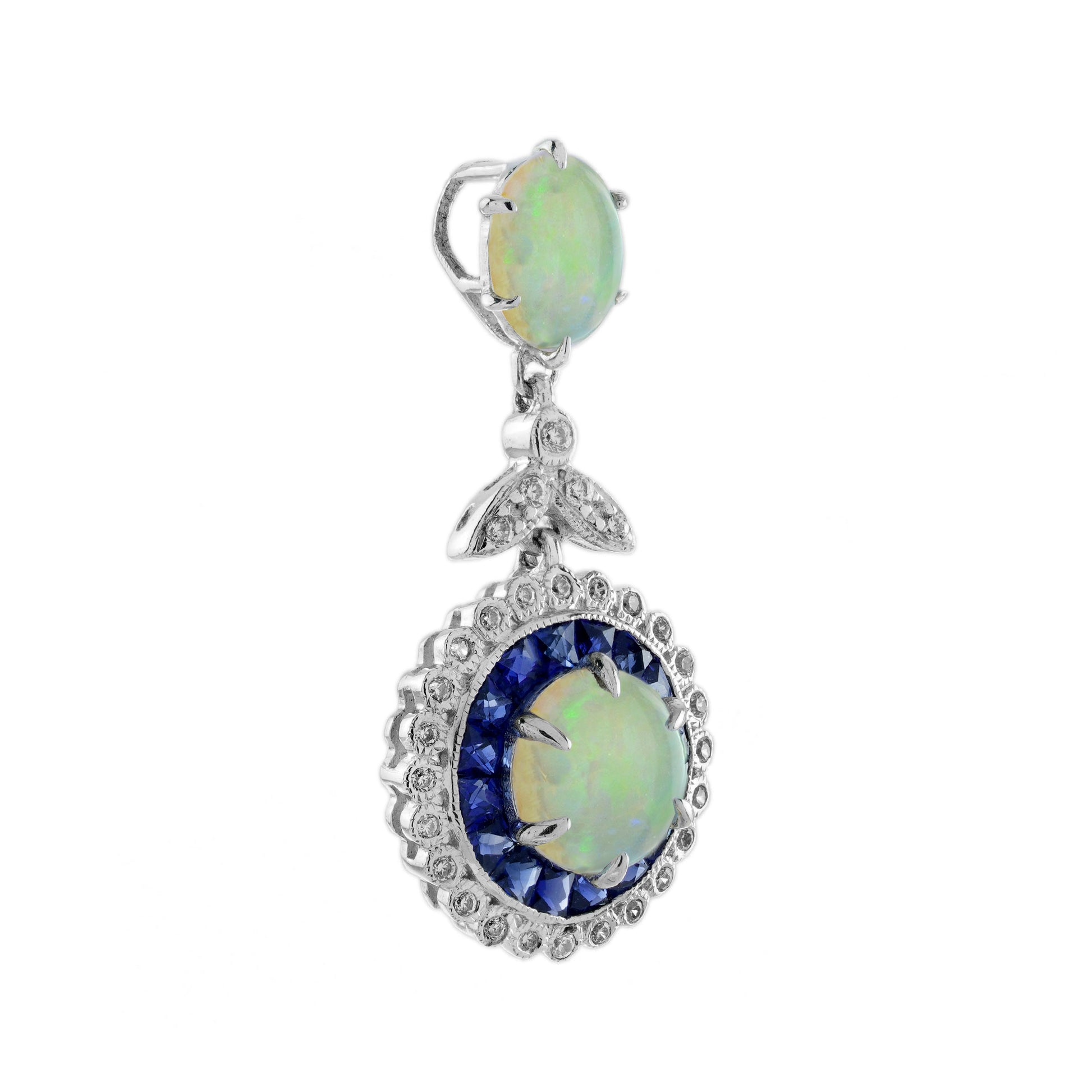 Opal Sapphire Diamond Vintage Style Pendant & Stud Earrings Jewelry Set