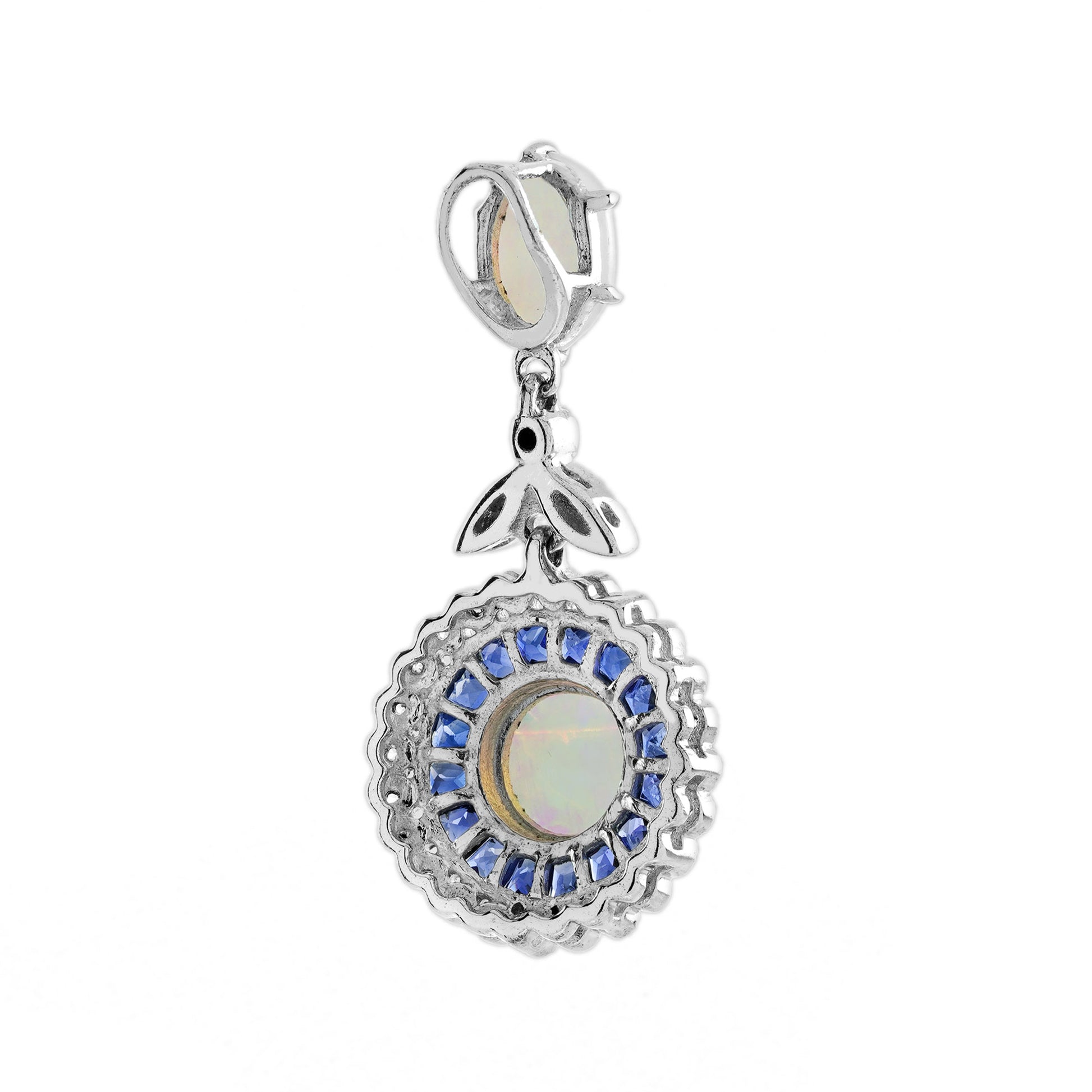Opal Sapphire Diamond Vintage Style Pendant & Stud Earrings Jewelry Set