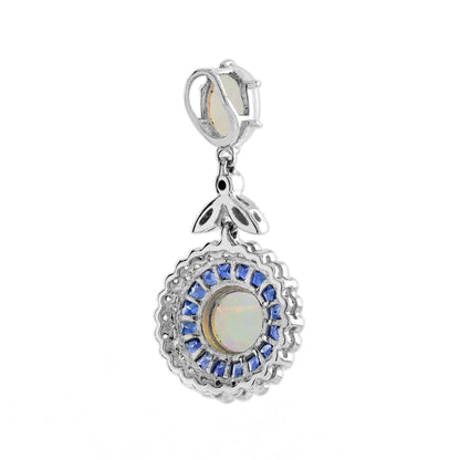 Opal Sapphire Diamond Vintage Style Pendant & Stud Earrings Jewelry Set