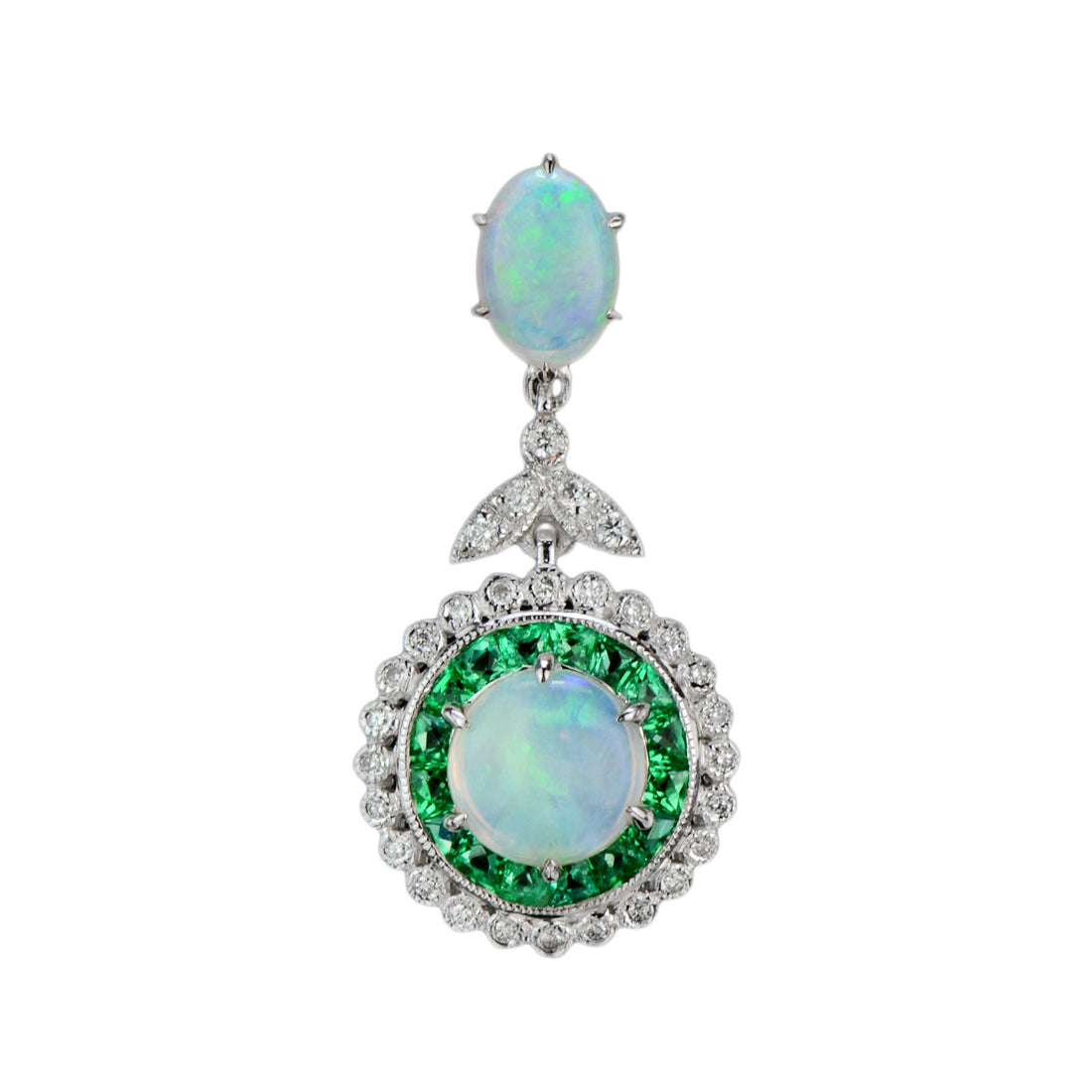 White Opal & Green Emerald Diamond Halo Art Deco Style 18K White Gold Pendant
