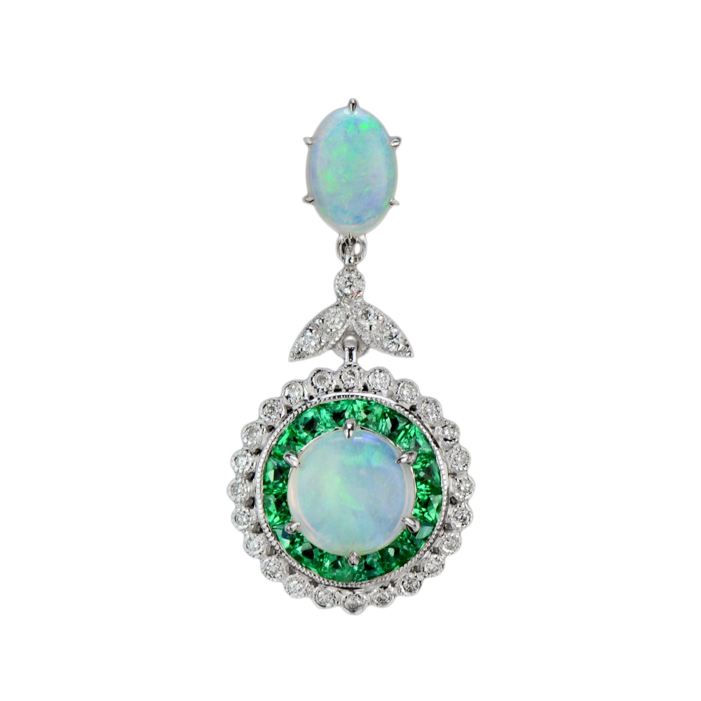 white opal & green emerald diamond halo art deco style 18k white gold pendant