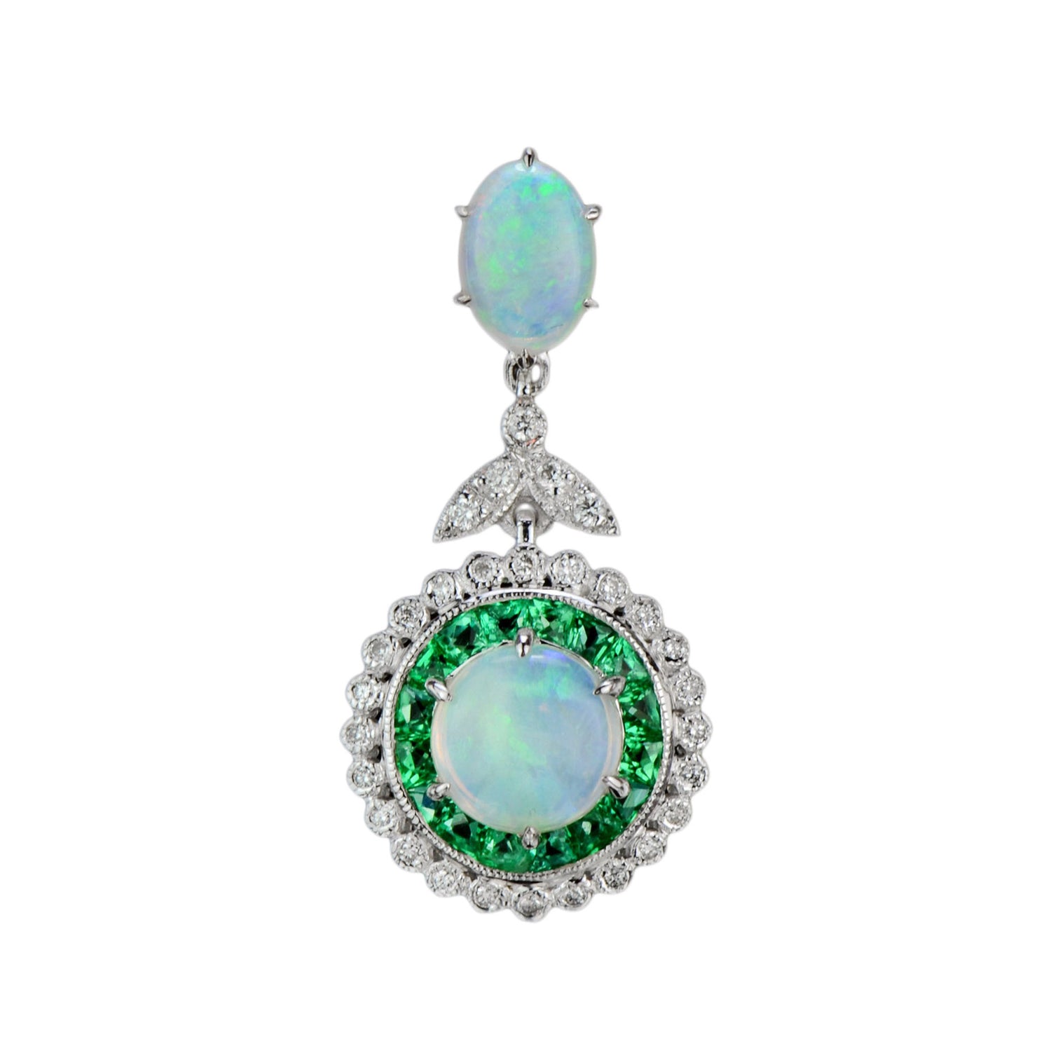 White Opal &amp; Green Emerald Diamond Halo Art Deco Style 18K White Gold Pendant