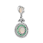 White Opal & Green Emerald Diamond Halo Art Deco Style 18K White Gold Pendant